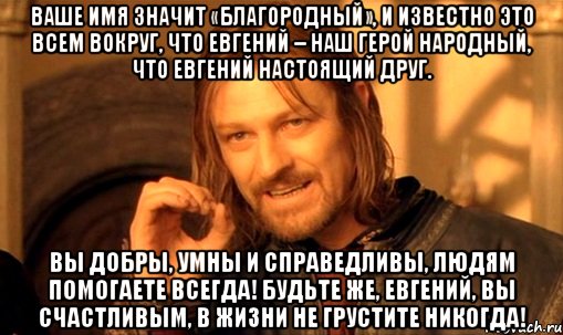 Ваше имя значит «благородный», И известно это всем вокруг, Что Евгений – наш герой народный, Что Евгений настоящий друг. Вы добры, умны и справедливы, Людям помогаете всегда! Будьте же, Евгений, вы счастливым, В жизни не грустите никогда!, Мем Нельзя просто так взять и (Боромир мем)