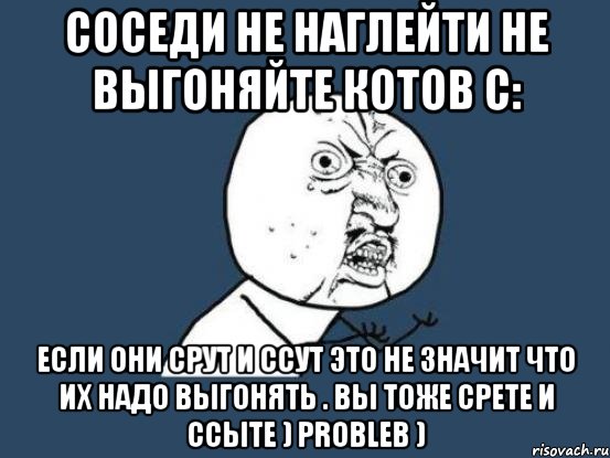 СОСЕДИ НЕ НАГЛЕЙТИ НЕ ВЫГОНЯЙТЕ КОТОВ с: ЕСЛИ ОНИ СРУТ И ССУТ ЭТО НЕ ЗНАЧИТ ЧТО ИХ НАДО ВЫГОНЯТЬ . ВЫ ТОЖЕ СРЕТЕ И ССЫТЕ ) PROBLEB ), Мем Ну почему