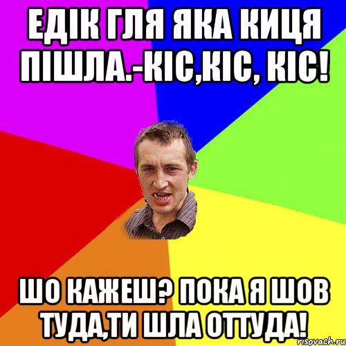 Едік гля яка киця пішла.-Кіс,кіс, кіс! Шо кажеш? Пока я шов туда,ти шла оттуда!, Мем Чоткий паца