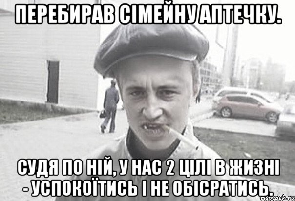 Перебирав сімейну аптечку. Судя по ній, у нас 2 цілі в жизні - успокоїтись і не обісратись., Мем Пацанська философия