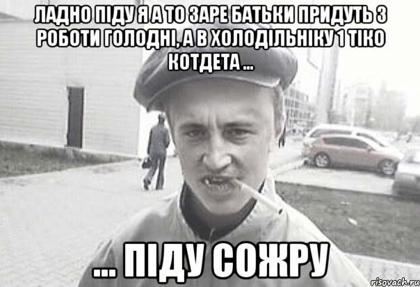 ладно піду я а то заре батьки придуть з роботи голодні, а в холодільніку 1 тіко котдета ... ... піду сожру, Мем Пацанська философия