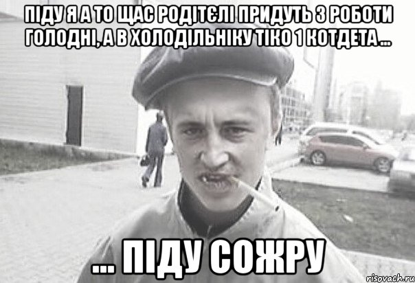 піду я а то щас родітєлі придуть з роботи голодні, а в холодільніку тіко 1 котдета ... ... піду сожру, Мем Пацанська философия