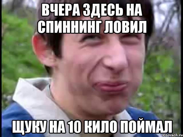 вчера здесь на спиннинг ловил щуку на 10 кило поймал, Мем Пиздабол (врунишка)