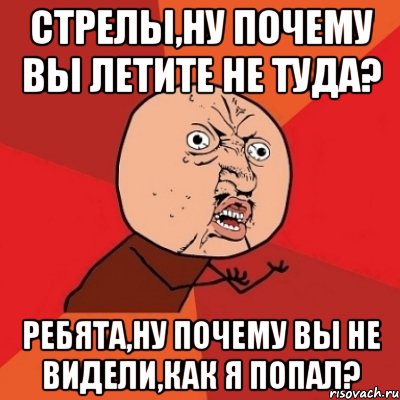 Стрелы,ну почему вы летите не туда? Ребята,ну почему вы не видели,как я попал?, Мем Почему