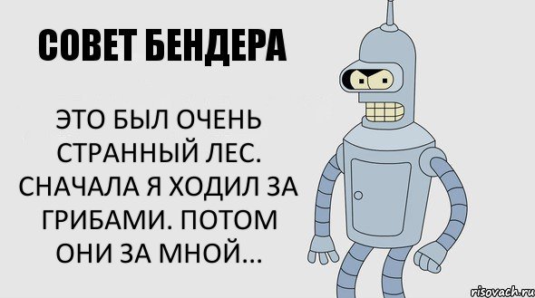 Это был очень странный лес. Сначала я ходил за грибами. Потом они за мной..., Комикс Советы Бендера