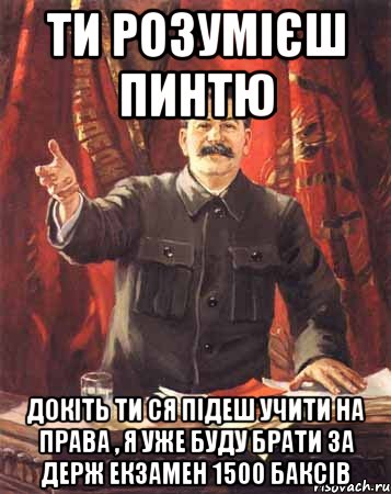 Ти розумієш пинтю Докіть ти ся підеш учити на права , я уже буду брати за держ екзамен 1500 баксів, Мем  сталин цветной