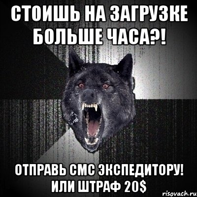 Стоишь на загрузке больше часа?! Отправь СМС экспедитору! Или штраф 20$, Мем Сумасшедший волк