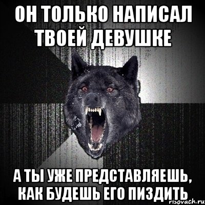 он только написал твоей девушке а ты уже представляешь, как будешь его пиздить, Мем Сумасшедший волк