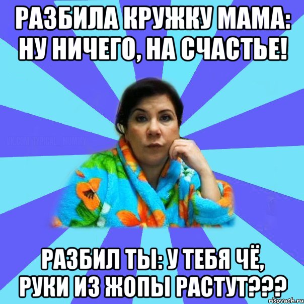 Разбила кружку Мама: Ну ничего, на счастье! Разбил ты: У тебя чё, руки из жопы растут???, Мем типичная мама