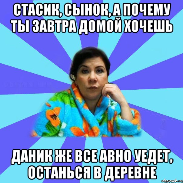 стасик, сынок, а почему ты завтра домой хочешь даник же все авно уедет, останься в деревне, Мем типичная мама