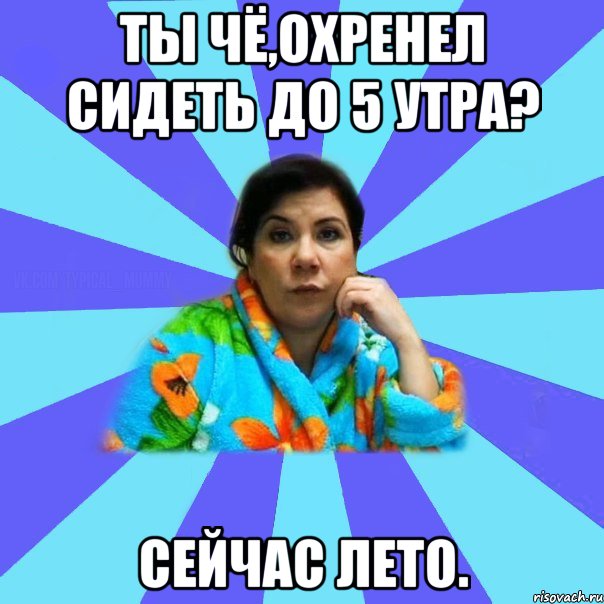 Ты чё,охренел сидеть до 5 утра? Сейчас лето., Мем типичная мама