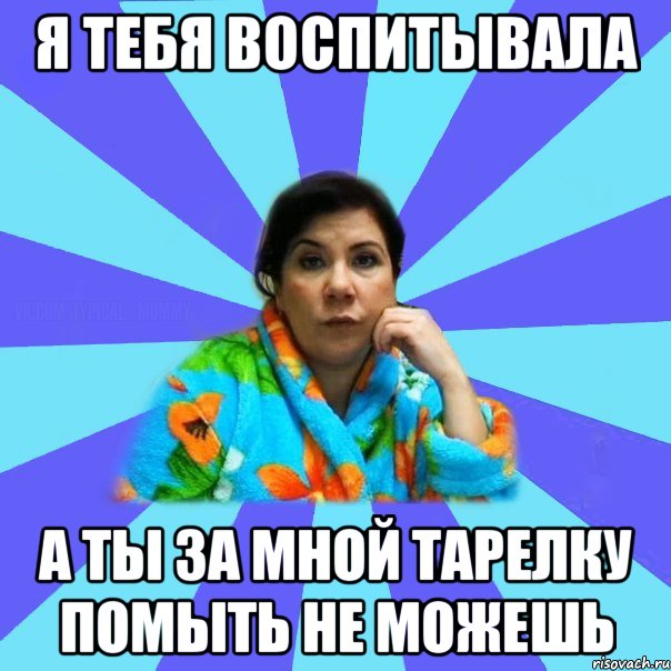 Я тебя воспитывала а ты за мной тарелку помыть не можешь, Мем типичная мама