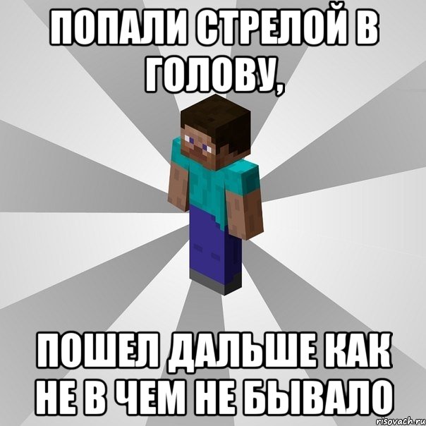 Попали стрелой в голову, пошел дальше как не в чем не бывало, Мем Типичный игрок Minecraft