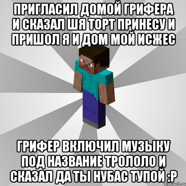 Пригласил домой грифера и сказал шя торт принесу и пришол я и дом мой исжес Грифер включил музыку под название Трололо и сказал да ты нубас тупой :Р, Мем Типичный игрок Minecraft