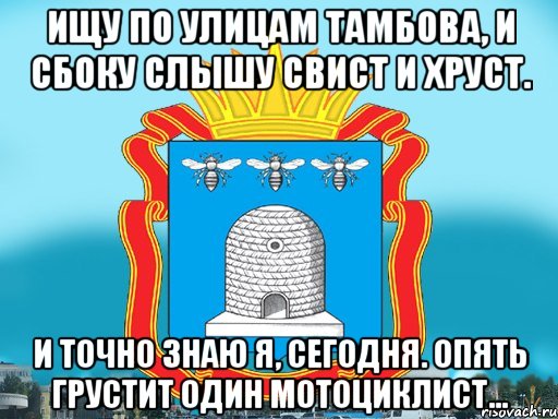 Ищу по улицам Тамбова, и сбоку слышу свист и хруст. И точно знаю я, сегодня. Опять грустит один мотоциклист..., Мем Типичный Тамбов