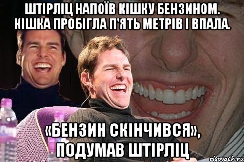 Штірліц напоїв кішку бензином. Кішка пробігла п'ять метрів і впала. «Бензин скінчився», подумав Штірліц, Мем том круз