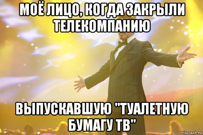 моё лицо, когда закрыли телекомпанию выпускавшую "Туалетную бумагу ТВ", Мем Тони Старк (Роберт Дауни младший)