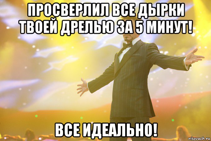 ПРОСВЕРЛИЛ ВСЕ ДЫРКИ ТВОЕЙ ДРЕЛЬЮ ЗА 5 МИНУТ! ВСЕ ИДЕАЛЬНО!, Мем Тони Старк (Роберт Дауни младший)