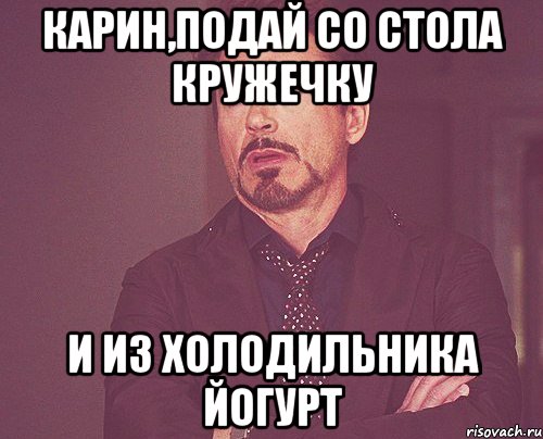 Карин,подай со стола кружечку и из холодильника йогурт, Мем твое выражение лица