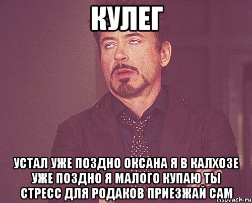 КУЛЕГ устал УЖЕ ПОЗДНО оксана Я В КАЛХОЗЕ уже поздно Я МАЛОГО КУПАЮ ты стресс для родаков приезжай сам, Мем твое выражение лица