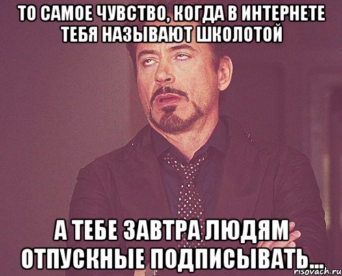 То самое чувство, когда в интернете тебя называют школотой А тебе завтра людям отпускные подписывать..., Мем твое выражение лица