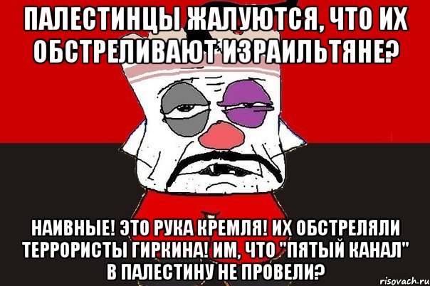 Палестинцы жалуются, что их обстреливают израильтяне? Наивные! Это рука Кремля! Их обстреляли террористы Гиркина! Им, что "Пятый канал" в Палестину не провели?, Мем ватник