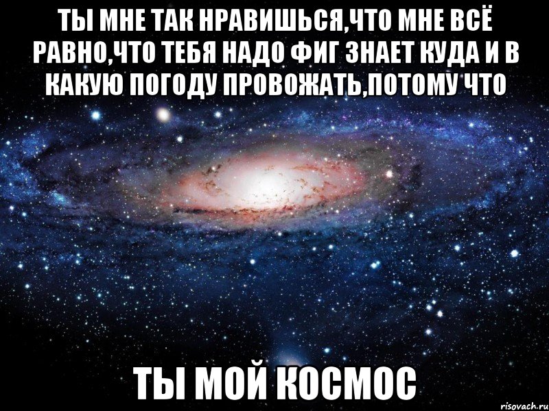 ТЫ МНЕ ТАК НРАВИШЬСЯ,ЧТО МНЕ ВСЁ РАВНО,ЧТО ТЕБЯ НАДО ФИГ ЗНАЕТ КУДА И В КАКУЮ ПОГОДУ ПРОВОЖАТЬ,ПОТОМУ ЧТО ТЫ МОЙ КОСМОС, Мем Вселенная