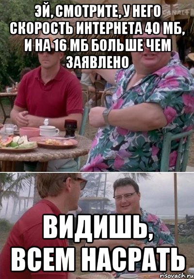 эй, смотрите, у него скорость интернета 40 мб, и на 16 мб больше чем заявлено видишь, всем насрать