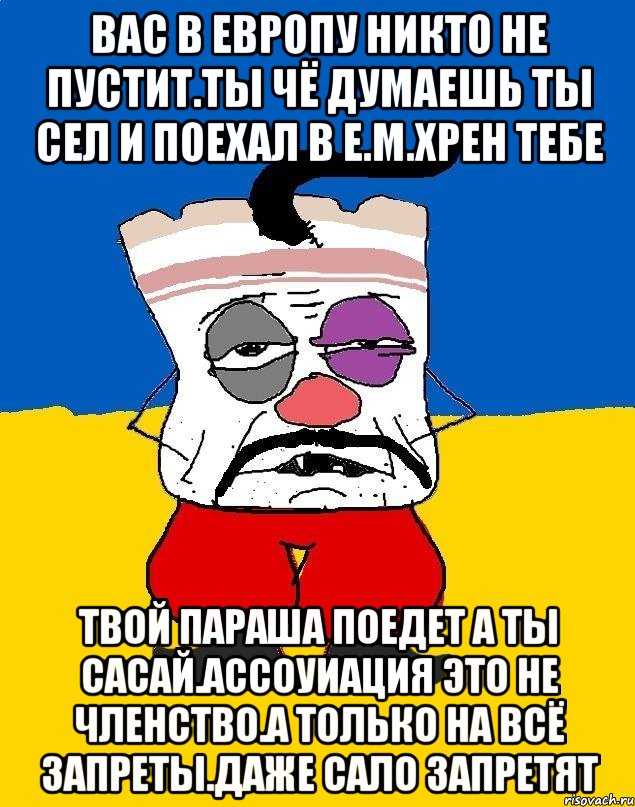 Вас в европу никто не пустит.ты чё думаешь ты сел и поехал в е.м.хрен тебе Твой параша поедет а ты сасай.ассоуиация это не членство.а только на всё запреты.даже сало запретят, Мем Западенец - тухлое сало