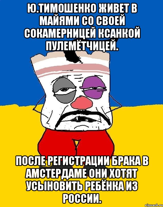 Ю.тимошенко живет в майями со своей сокамерницей ксанкой пулемётчицей. После регистрации брака в амстердаме они хотят усыновить ребёнка из россии., Мем Западенец - тухлое сало