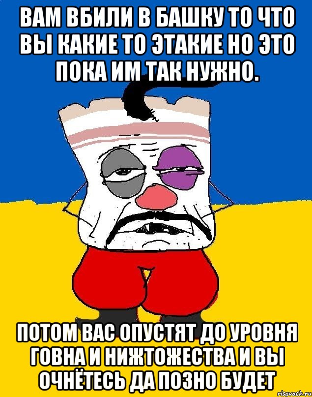 Вам вбили в башку то что вы какие то этакие но это пока им так нужно. Потом вас опустят до уровня говна и нижтожества и вы очнётесь да позно будет, Мем Западенец - тухлое сало