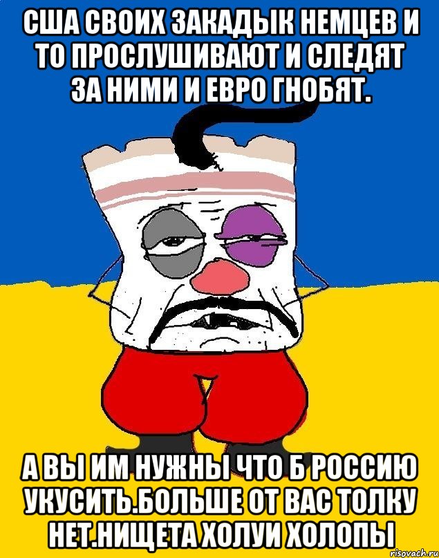 Сша своих закадык немцев и то прослушивают и следят за ними и евро гнобят. А вы им нужны что б россию укусить.больше от вас толку нет.нищета холуи холопы, Мем Западенец - тухлое сало