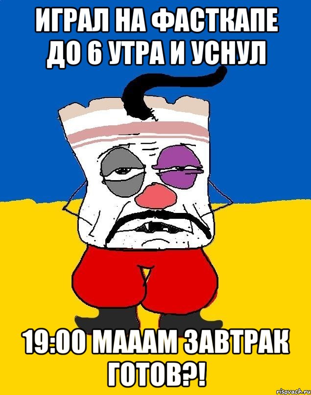 Играл на фасткапе до 6 утра и уснул 19:00 Мааам завтрак готов?!, Мем Западенец - тухлое сало