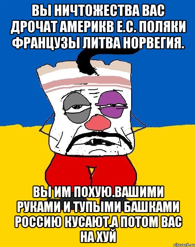 Вы ничтожества вас дрочат америкв е.с. поляки французы литва норвегия. Вы им похую.вашими руками и тупыми башками россию кусают.а потом вас на хуй, Мем Западенец - тухлое сало