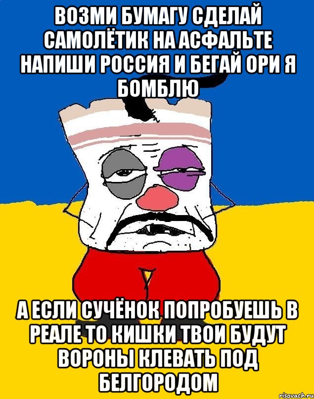 Возми бумагу сделай самолётик на асфальте напиши россия и бегай ори я бомблю А если сучёнок попробуешь в реале то кишки твои будут вороны клевать под белгородом, Мем Западенец - тухлое сало