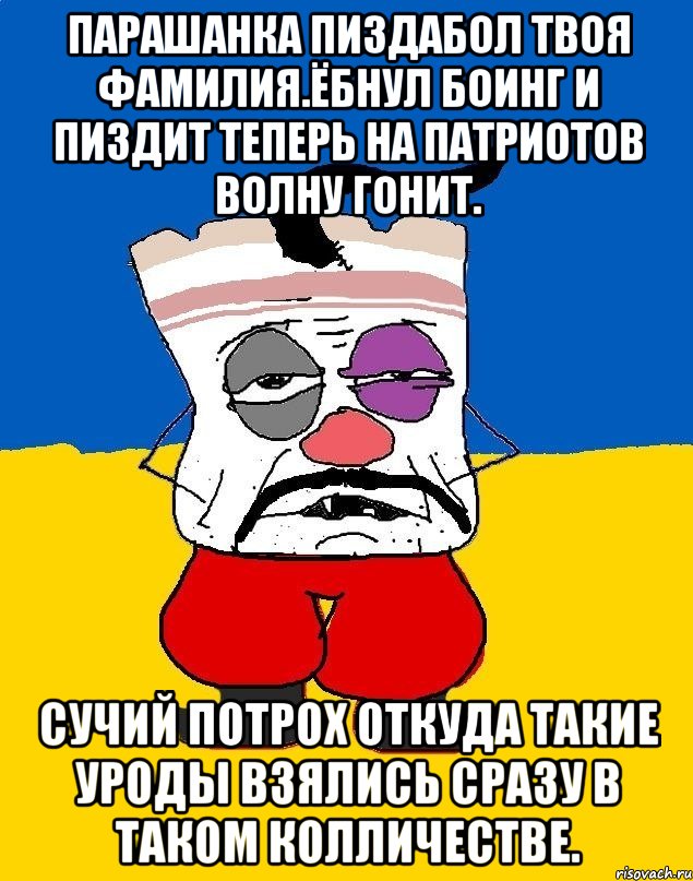 Парашанка пиздабол твоя фамилия.ёбнул боинг и пиздит теперь на патриотов волну гонит. Сучий потрох откуда такие уроды взялись сразу в таком колличестве., Мем Западенец - тухлое сало