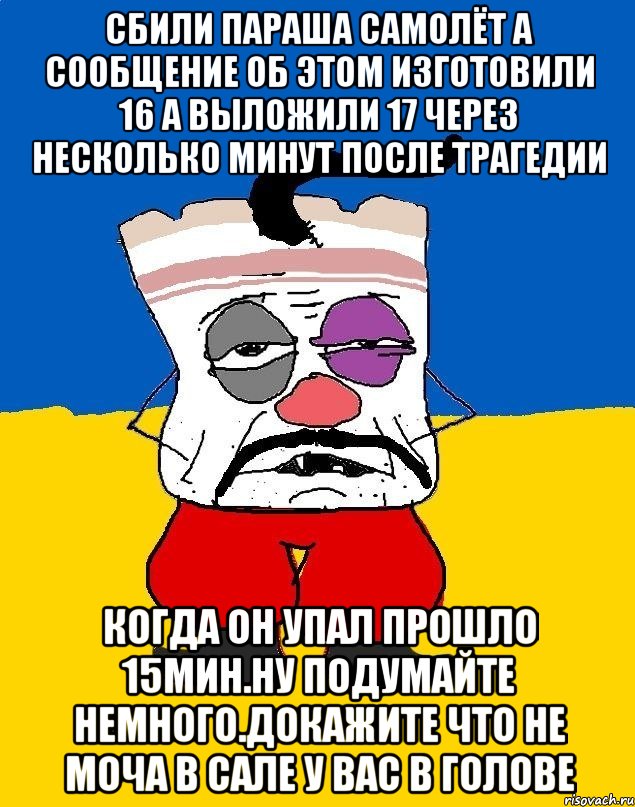 Сбили параша самолёт а сообщение об этом изготовили 16 а выложили 17 через несколько минут после трагедии Когда он упал прошло 15мин.ну подумайте немного.докажите что не моча в сале у вас в голове, Мем Западенец - тухлое сало