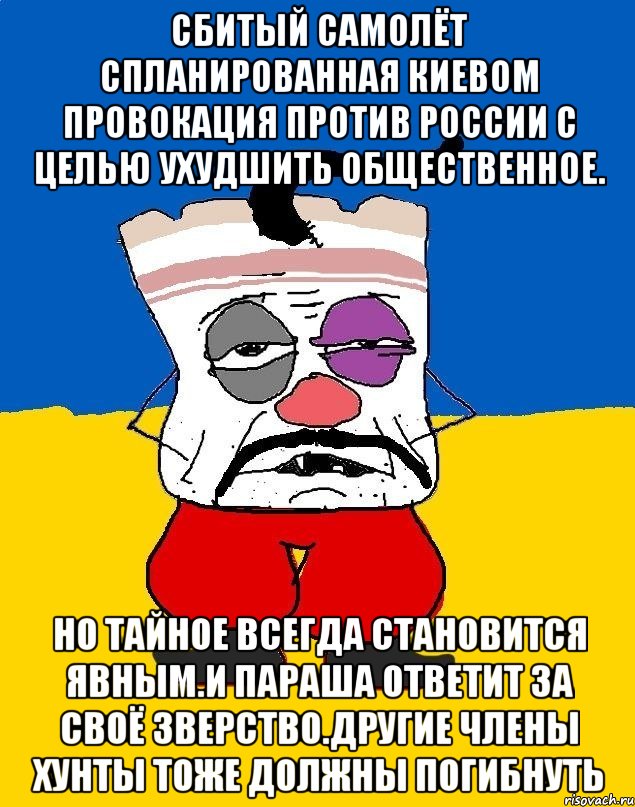 Сбитый самолёт спланированная киевом провокация против россии с целью ухудшить общественное. Но тайное всегда становится явным.и параша ответит за своё зверство.другие члены хунты тоже должны погибнуть, Мем Западенец - тухлое сало