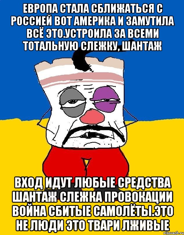 Европа стала сближаться с россией вот америка и замутила всё это.устроила за всеми тотальную слежку, шантаж Вход идут любые средства шантаж слежка провокации война сбитые самолёты.это не люди это твари лживые, Мем Западенец - тухлое сало