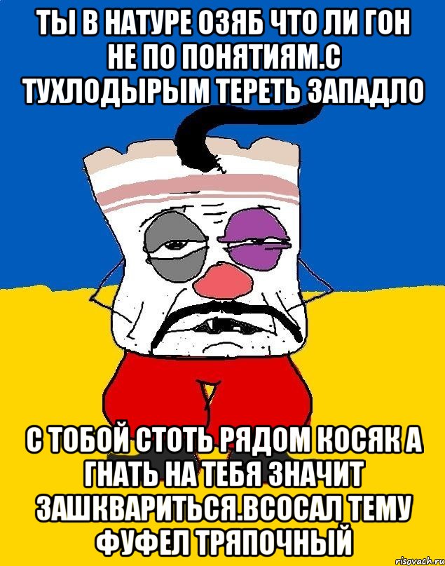 Ты в натуре озяб что ли гон не по понятиям.с тухлодырым тереть западло С тобой стоТь рядом косяк а гнать на тебя значит зашквариться.всосал тему фуфел тряпочный, Мем Западенец - тухлое сало