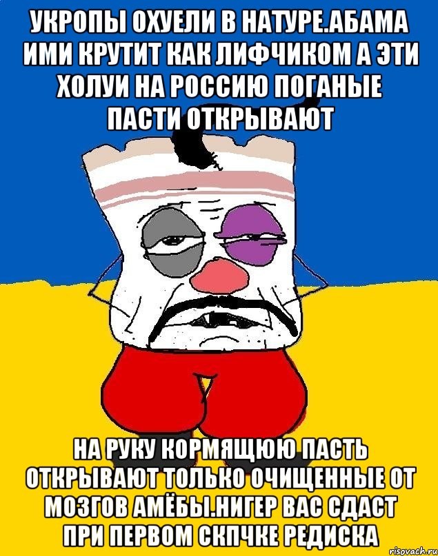 Укропы охуели в натуре.абама ими крутит как лифчиком а эти холуи на россию поганые пасти открывают На руку кормящюю пасть открывают только очищенные от мозгов амёбы.нигер вас сдаст при первом скпчке редиска, Мем Западенец - тухлое сало