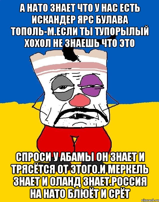 А нато знает что у нас есть искандер ярс булава тополь-м.если ты тупорылый хохол не знаешь что это Спроси у абамы он знает и трясётся от этого.и меркель знает и оланд знает.россия на нато блюёт и срёт, Мем Западенец - тухлое сало