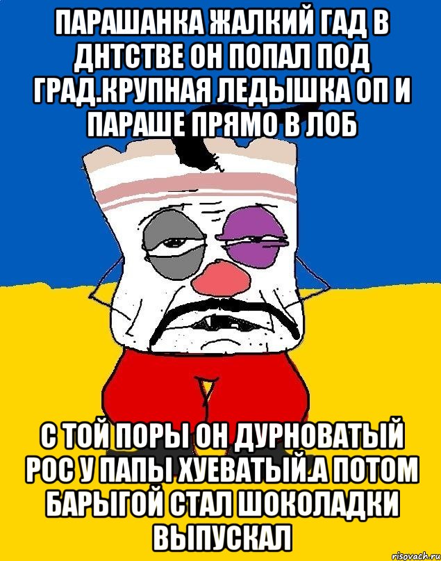 Парашанка жалкий гад в днтстве он попал под град.крупная ледышка оп и параше прямо в лоб С той поры он дурноватый рос у папы хуеватый.а потом барыгой стал шоколадки выпускал, Мем Западенец - тухлое сало