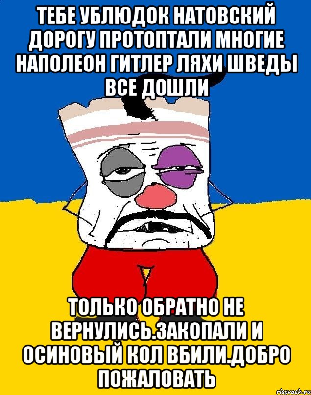 Тебе ублюдок натовский дорогу протоптали многие наполеон гитлер ляхи шведы все дошли Только обратно не вернулись.закопали и осиновый кол вбили.добро пожаловать, Мем Западенец - тухлое сало