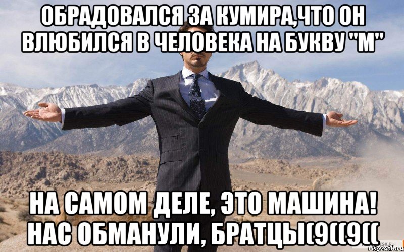 Обрадовался за кумира,что он влюбился в человека на букву "М" На самом деле, это машина! Нас обманули, братцы(9((9((, Мем железный человек