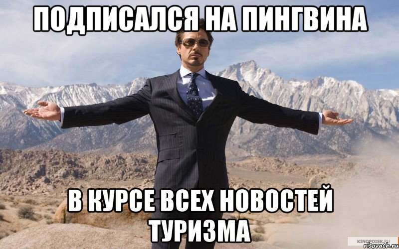 Подписался на Пингвина В курсе всех новостей туризма, Мем железный человек