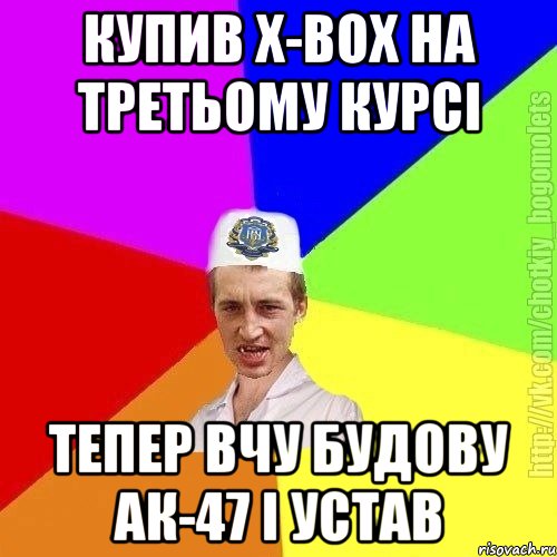 купив х-вох на третьому курсі тепер вчу будову ак-47 і устав