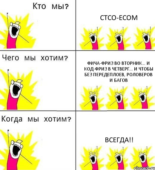 CTCO-ECOM Фича-фриз во вторник... и код-фриз в четверг... и чтобы без передеплоев, роловеров и багов ВСЕГДА!!, Комикс Что мы хотим