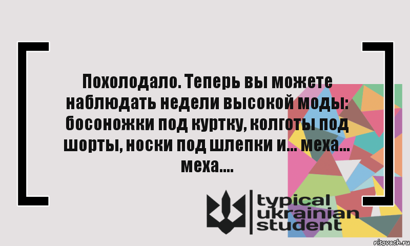 Похолодало. Теперь вы можете наблюдать недели высокой моды: босоножки под куртку, колготы под шорты, носки под шлепки и... меха... меха....