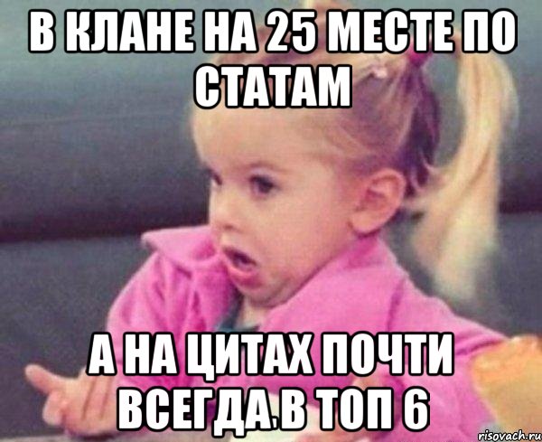 В клане на 25 месте по статам а на цитах почти всегда в топ 6, Мем  Ты говоришь (девочка возмущается)